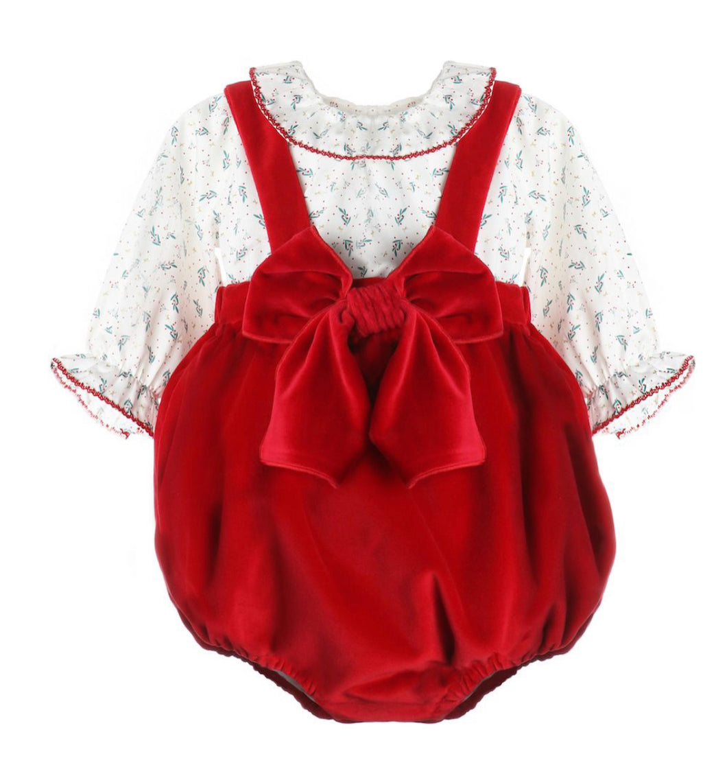 Red Velvet Bow Bubble with Holly Print Blouse